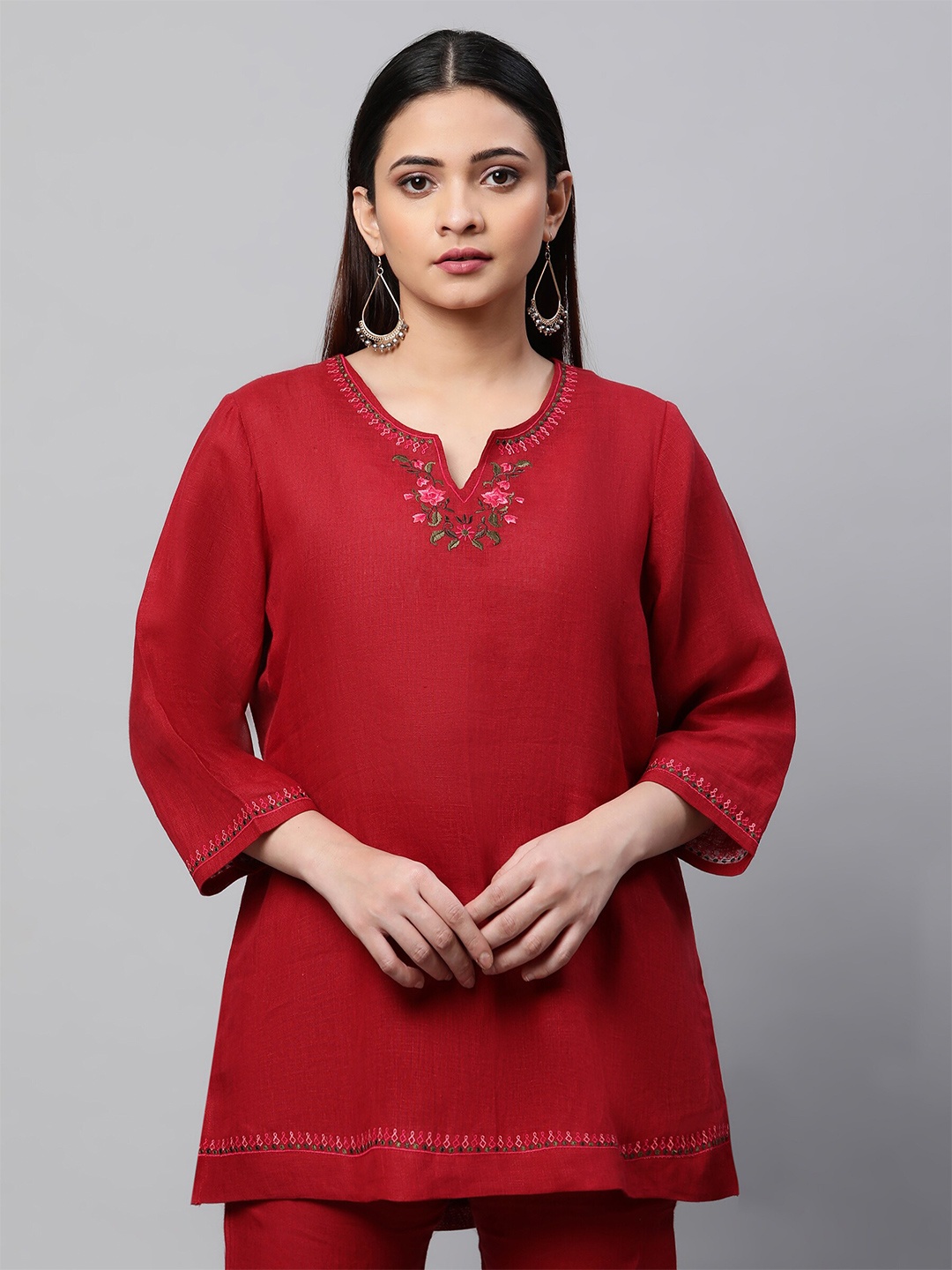 

Linen Club Woman Women Maroon & Green Linen Embroidered Tunic