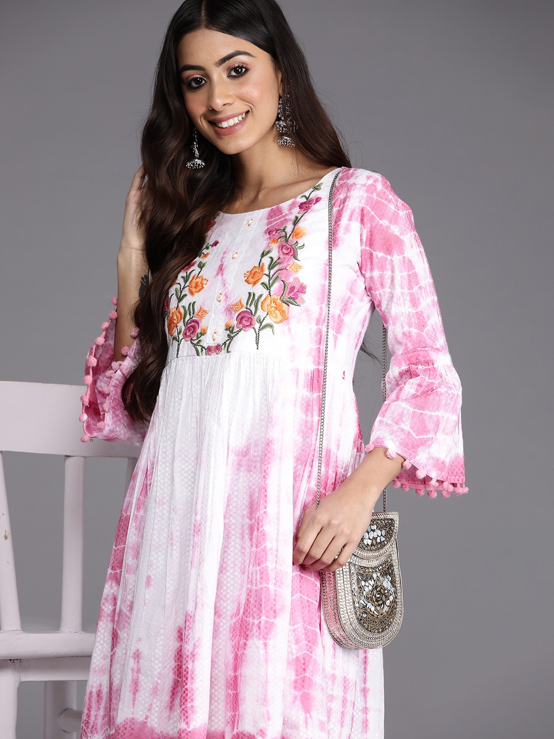 

Varanga Off White & Pink Floral Embroidered Pure Cotton Ethnic A-Line Dress