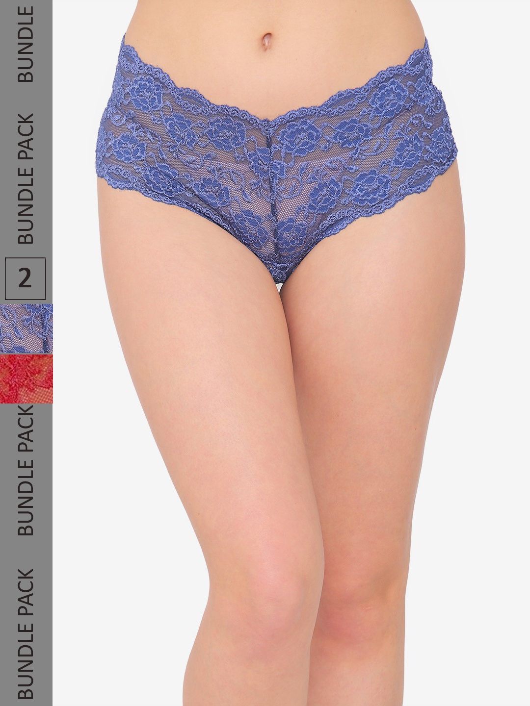

N-Gal Women Navy Blue & Red Pack of 2 Self-Design Laced Boyshort Briefs