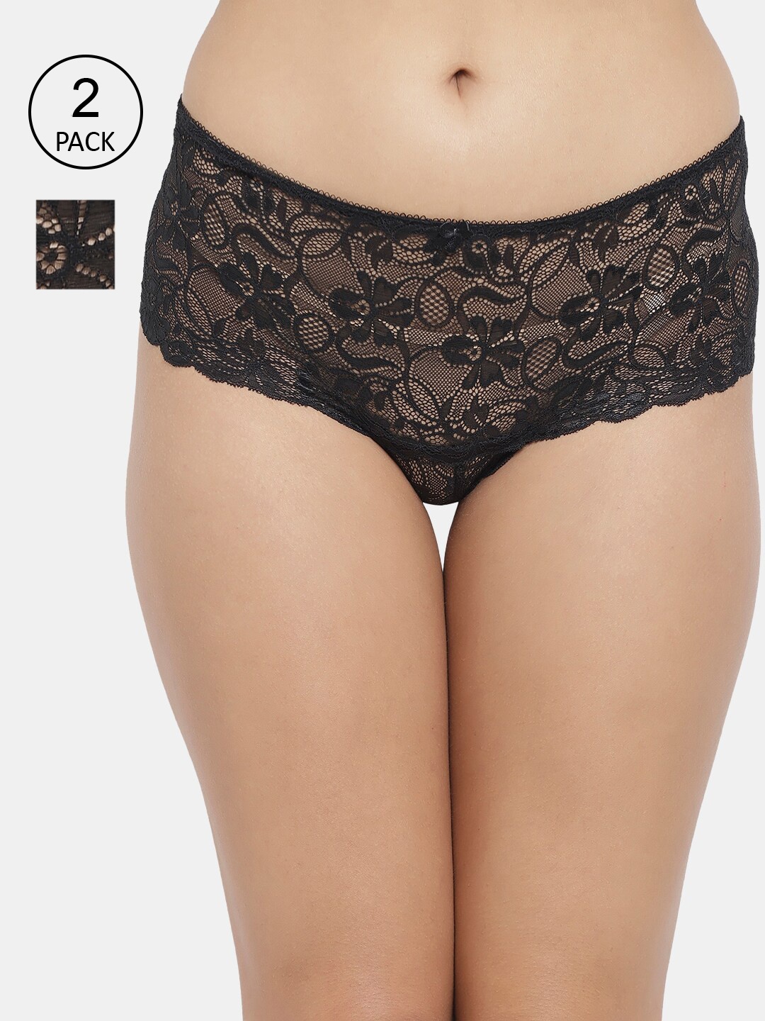 

N-Gal Women Pack of 2 Self-Design Lace Boy Shorts, Black