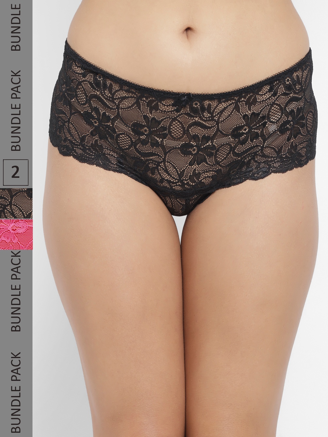 

N-Gal Women Pack Of 2 Self Design Lace Boy Shorts, Black