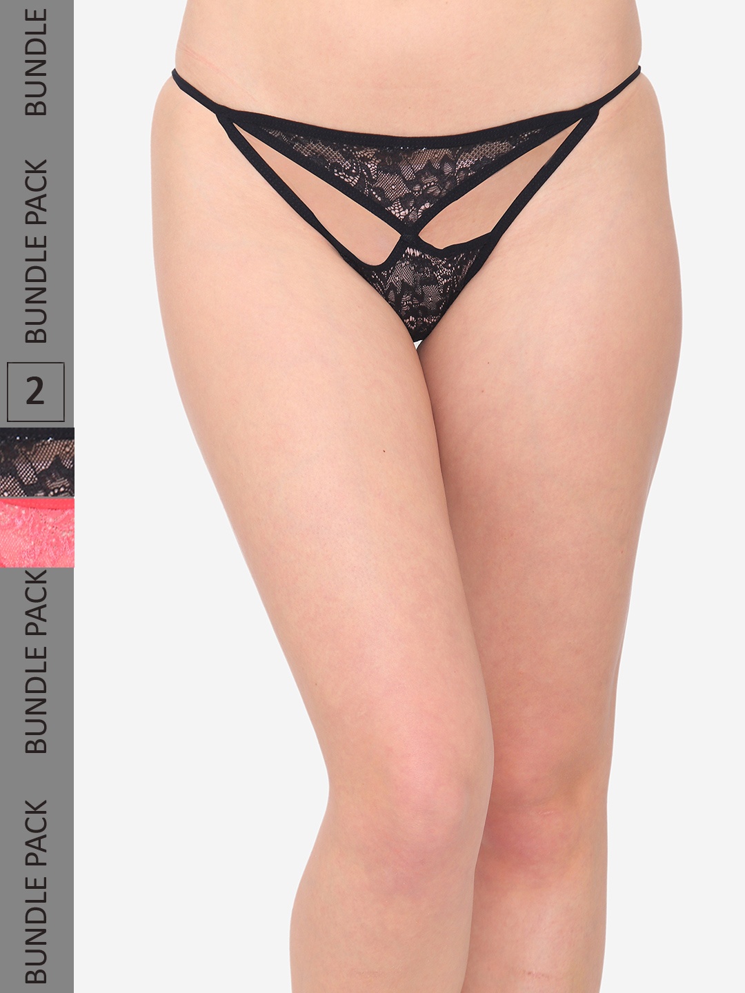 

N-Gal Women Pack Of 2 Lace Low-Rise Thong Briefs, Black