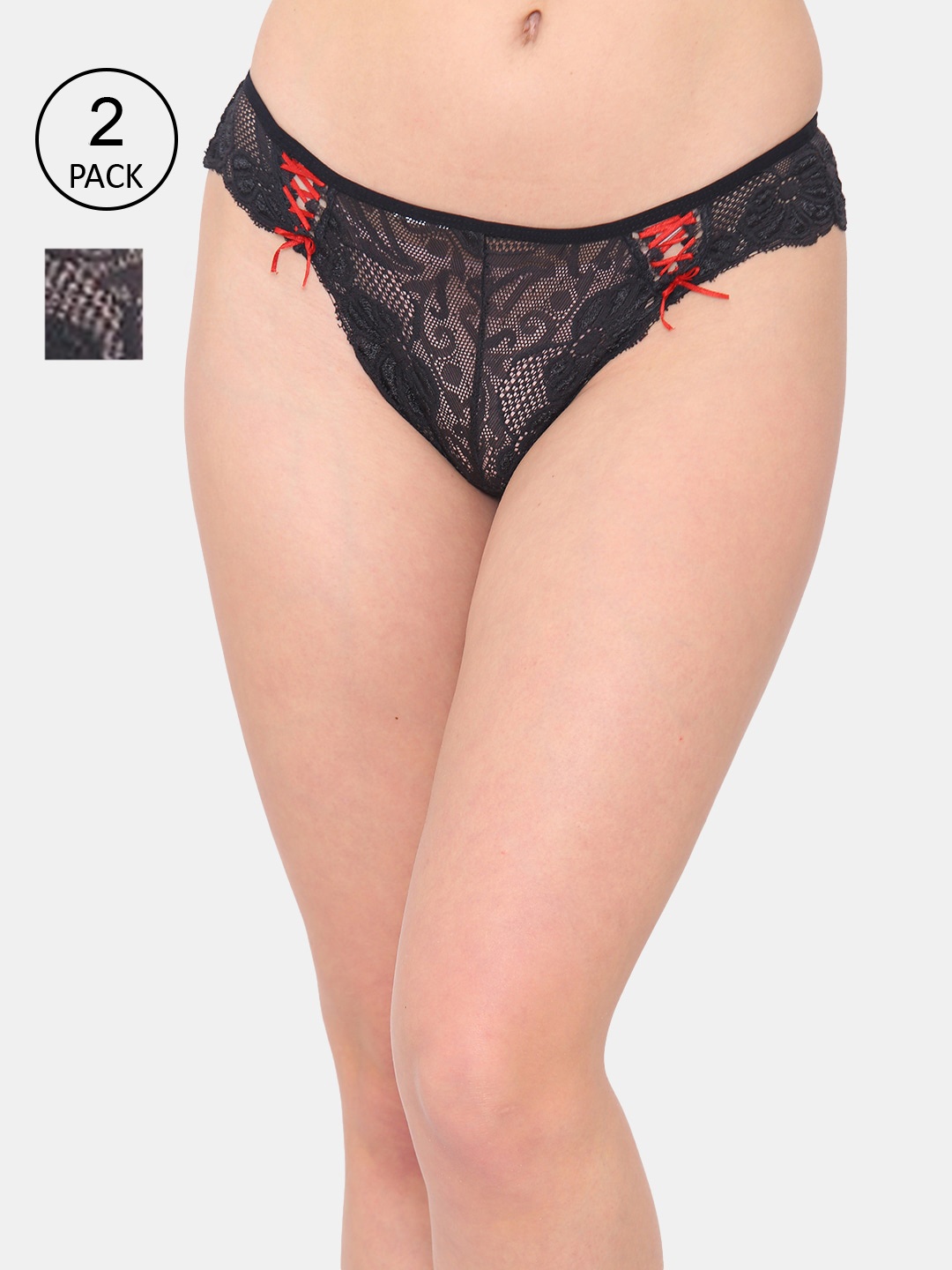 

N-Gal Women Pack Of 2 Self-Design Bikini Briefs, Black