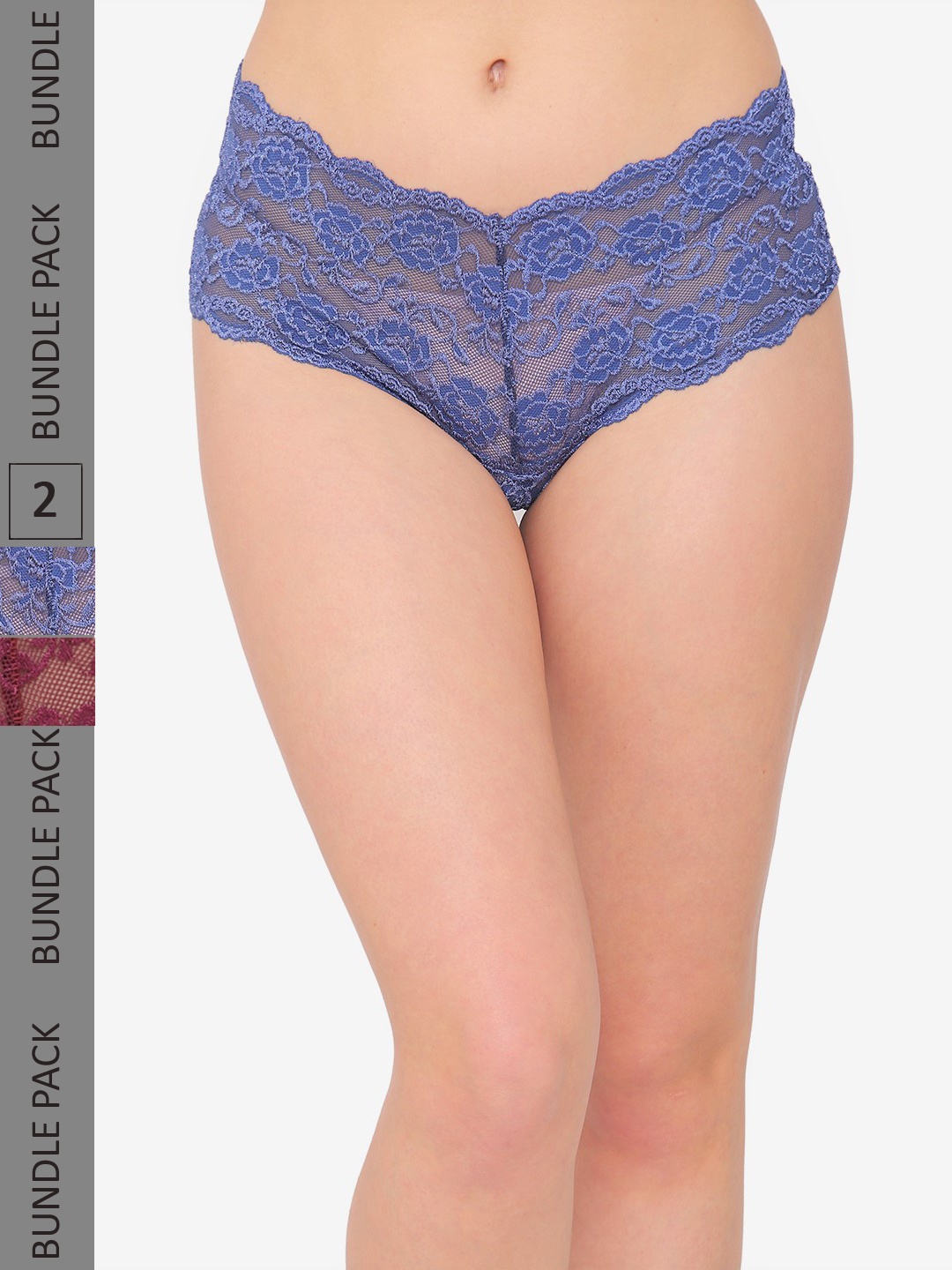 

N-Gal Women Pack Of 2 Self-Design Lace Boy-Short Briefs, Navy blue