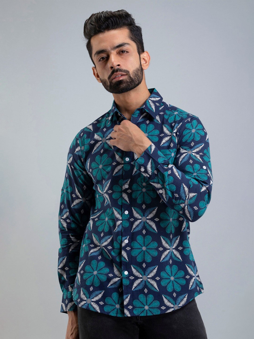 

Sutidora Men Classic Floral Printed Casual Cotton Shirt, Blue