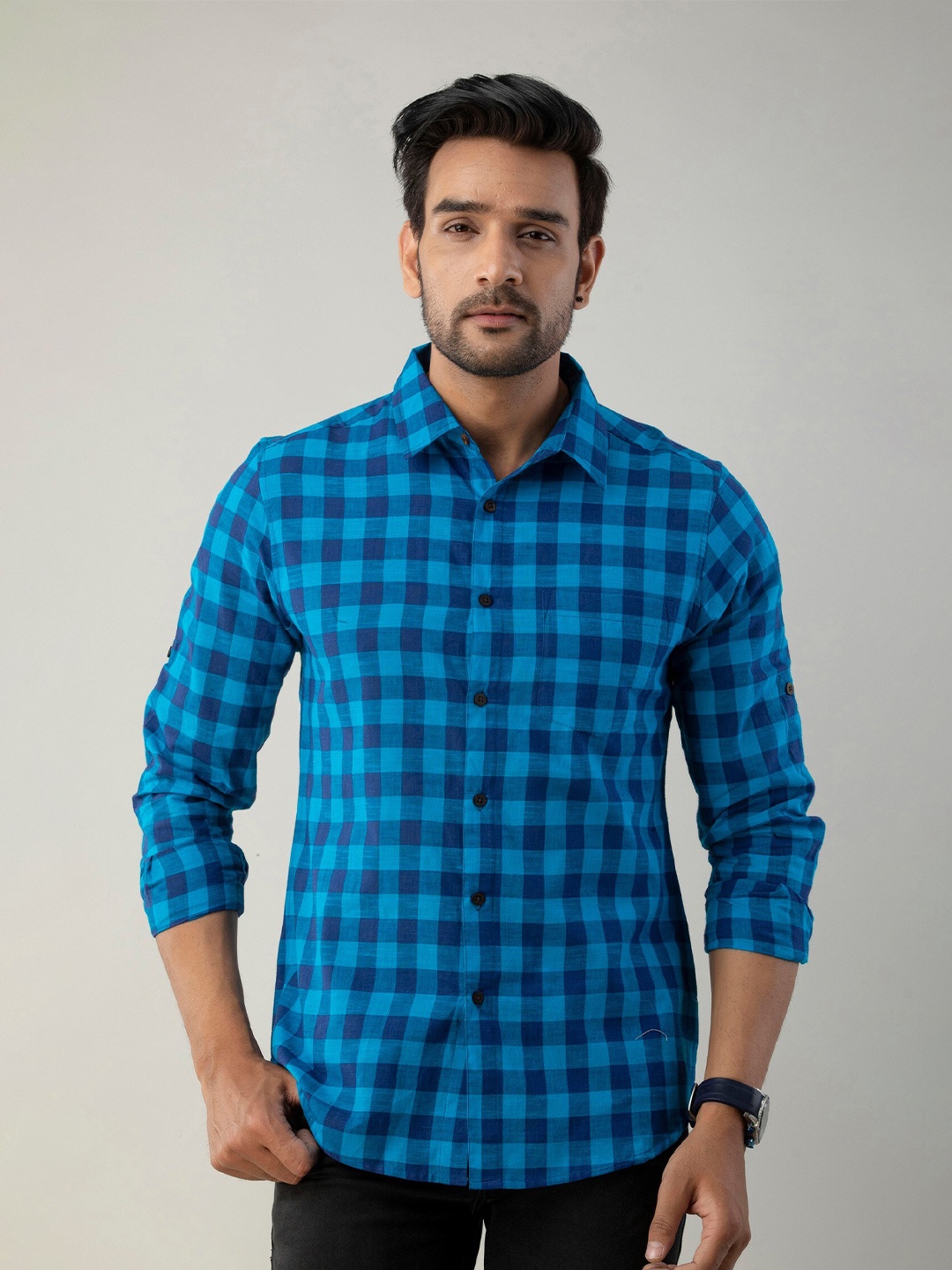 

Sutidora Men Blue Classic Buffalo Checks Casual Cotton Shirt