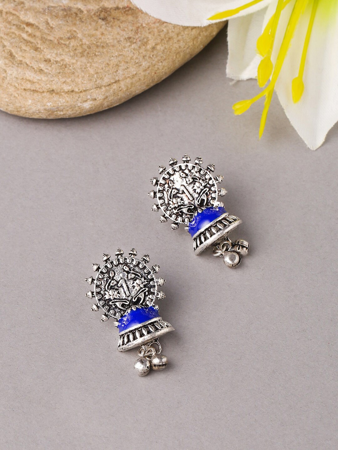 

VIRAASI Silver-Toned & Blue Classic Jhumkas Earrings