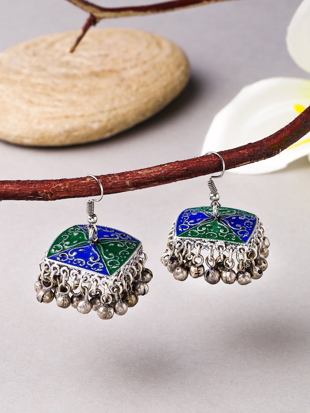

VIRAASI Silver-Toned & Blue Contemporary Jhumkas Earrings