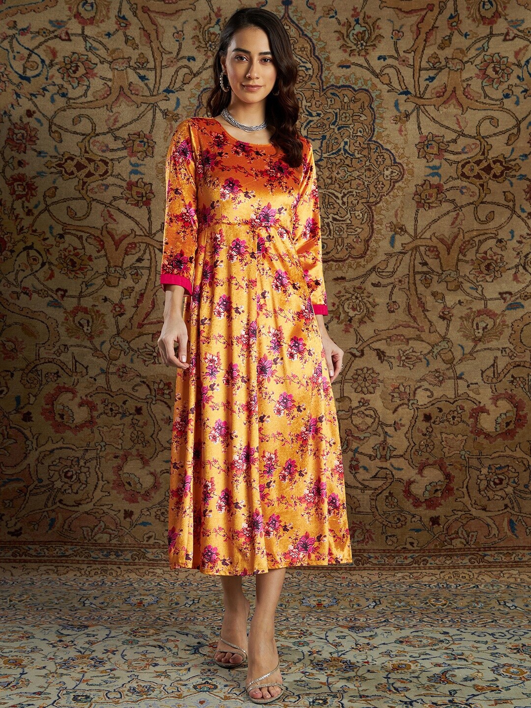 

Shae by SASSAFRAS Women Orange Printed Velvet Maxi Ethnic Dresses