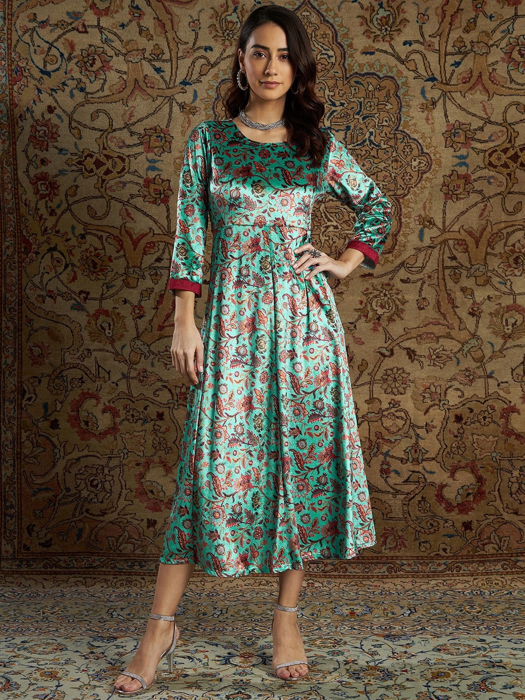 Shae by SASSAFRAS Women Sea Green Printed Velvet Midi Ethnic Dress