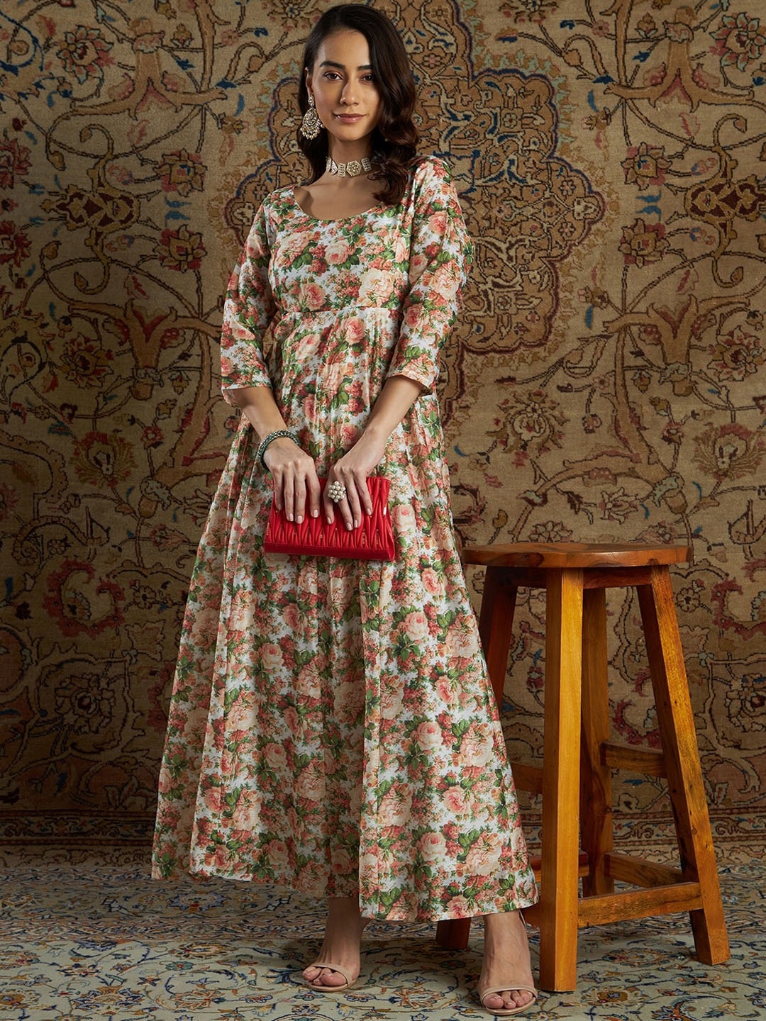 

Shae by SASSAFRAS Women White Floral Printed Anarkali Maxi Dress