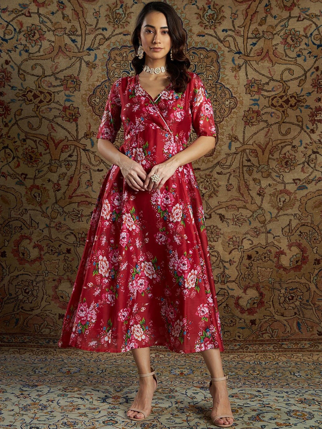 

Shae by SASSAFRAS Women Maroon Printed Anarkali Dress