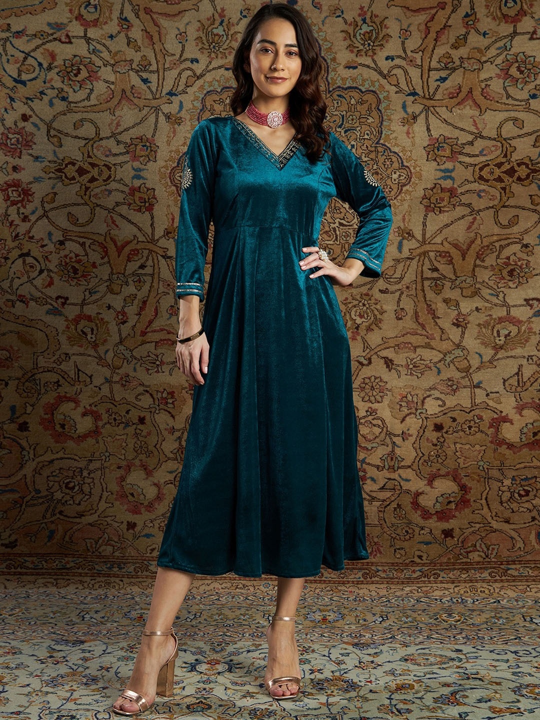 

Shae by SASSAFRAS Women Velvet Zari Embroidered Anarkali Ethnic Dress, Teal