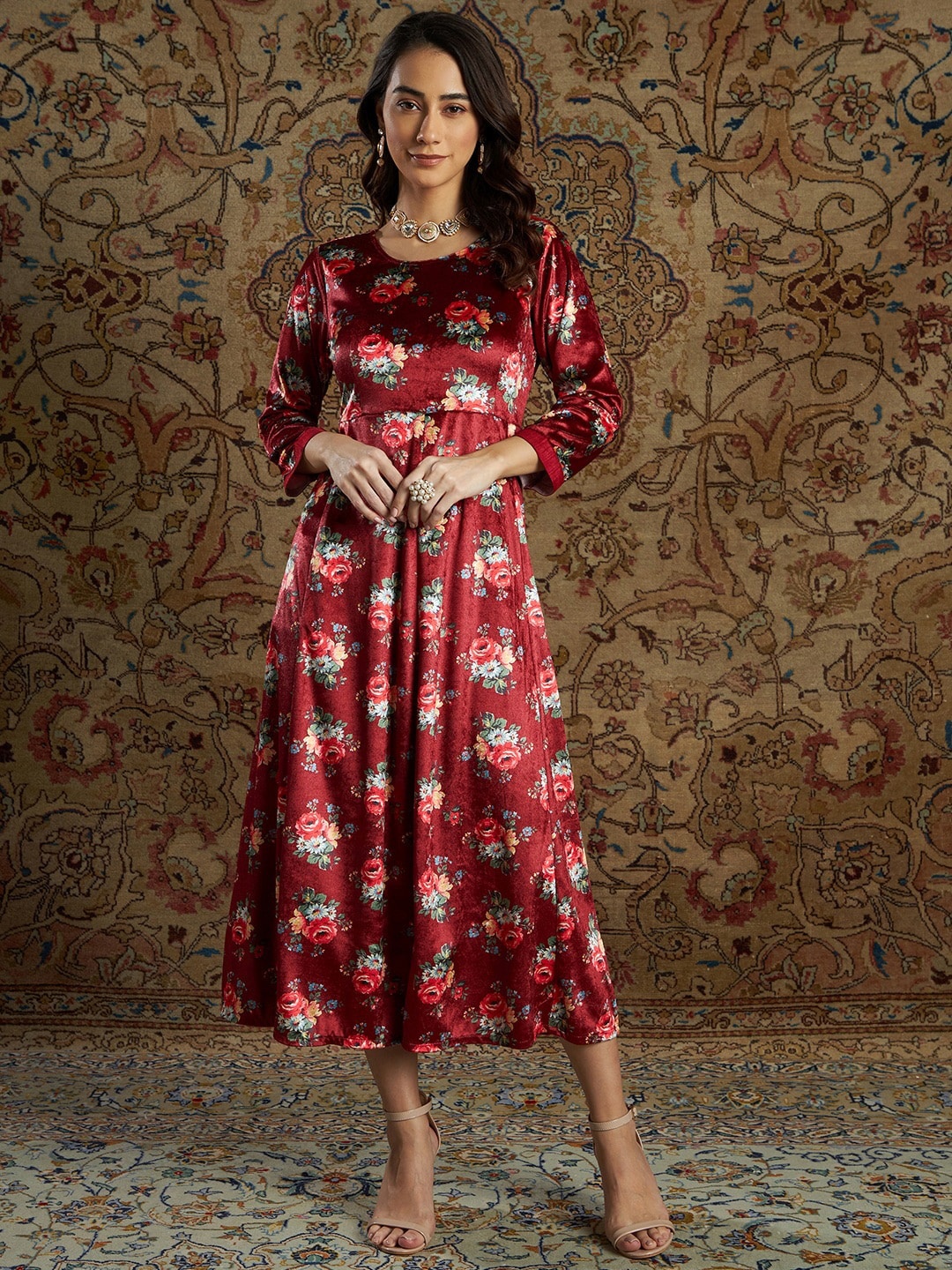 Shae by SASSAFRAS Women Maroon Floral Printed Velvet Flared Midi Dress