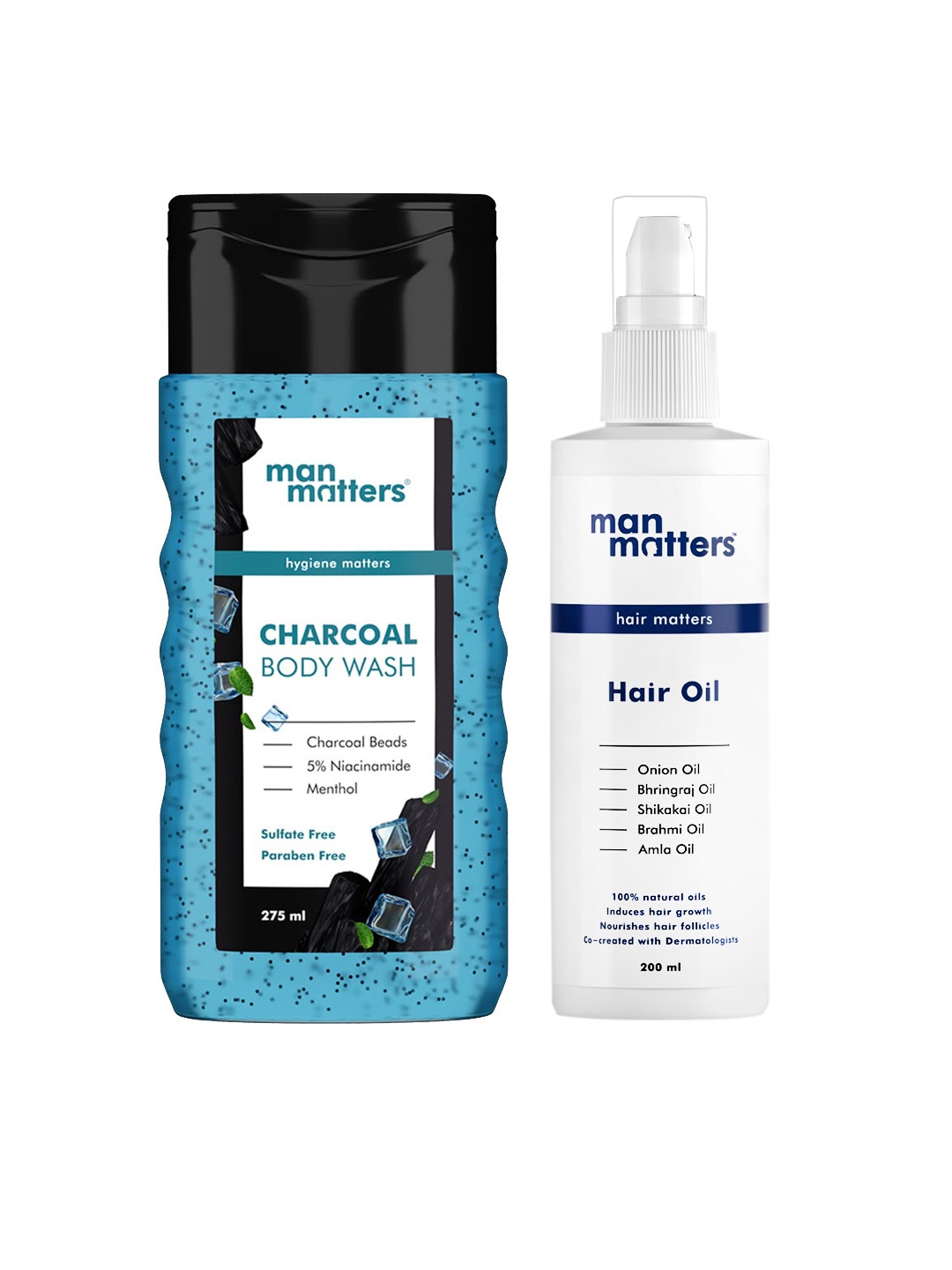

Man Matters Set of Charcoal Body Wash 275 ml & Hair Oil with Onion & Amla 200 ml, White