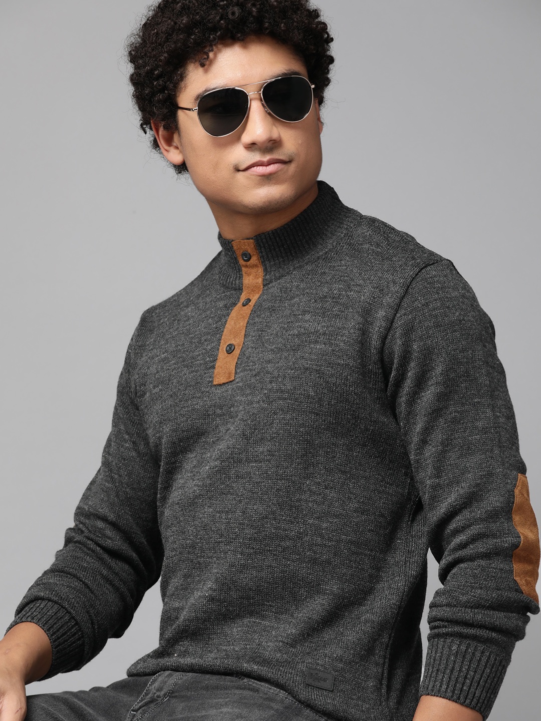 

The Roadster Lifestyle Co. Men Charcoal Grey High Neck Acrylic Pullover