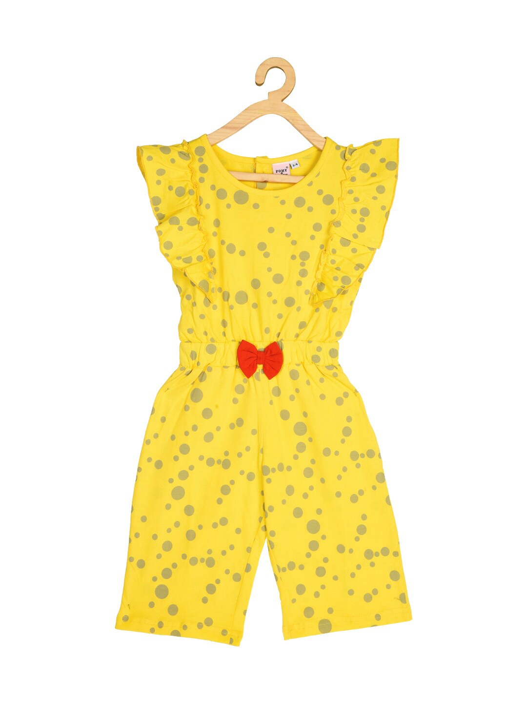 

POMY & JINNY Girls Yellow & Grey Printed Capri Cotton Jumpsuit with Ruffles