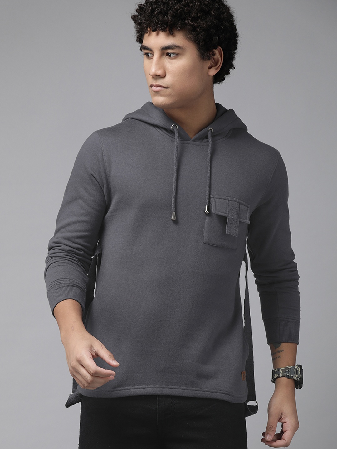 

The Roadster Lifestyle Co. Men Charcoal Grey Solid Pocket Detail Hooded Sweatshirt