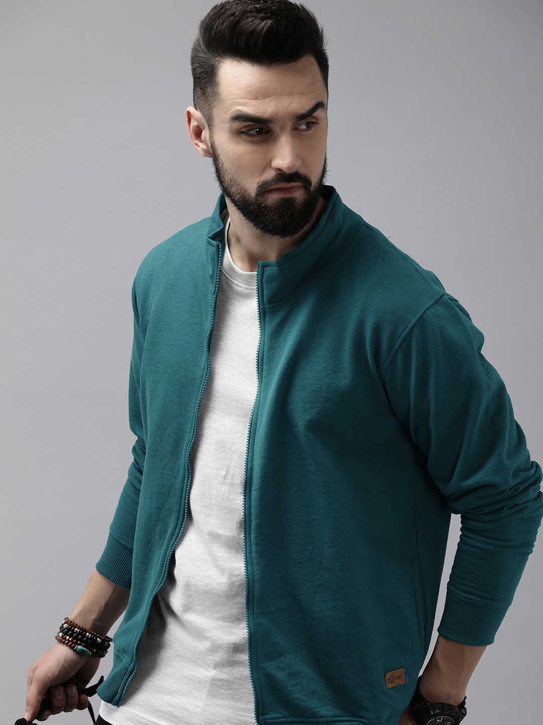 

The Roadster Life Co. Men Mock Collar Front-Open Sweatshirt, Blue