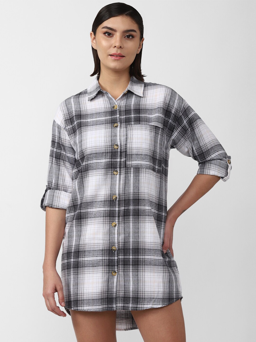 

FOREVER 21 White Checked Shirt Dress