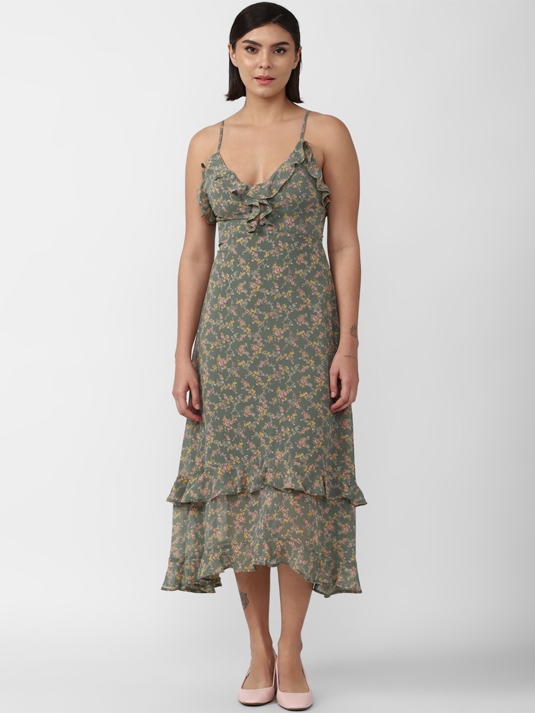 

FOREVER 21 Green Floral A-Line Maxi Dress