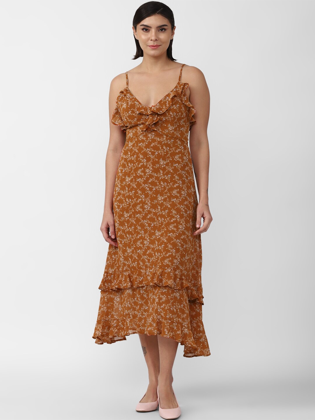 FOREVER 21 Orange Floral Empire Midi Dress, Brown