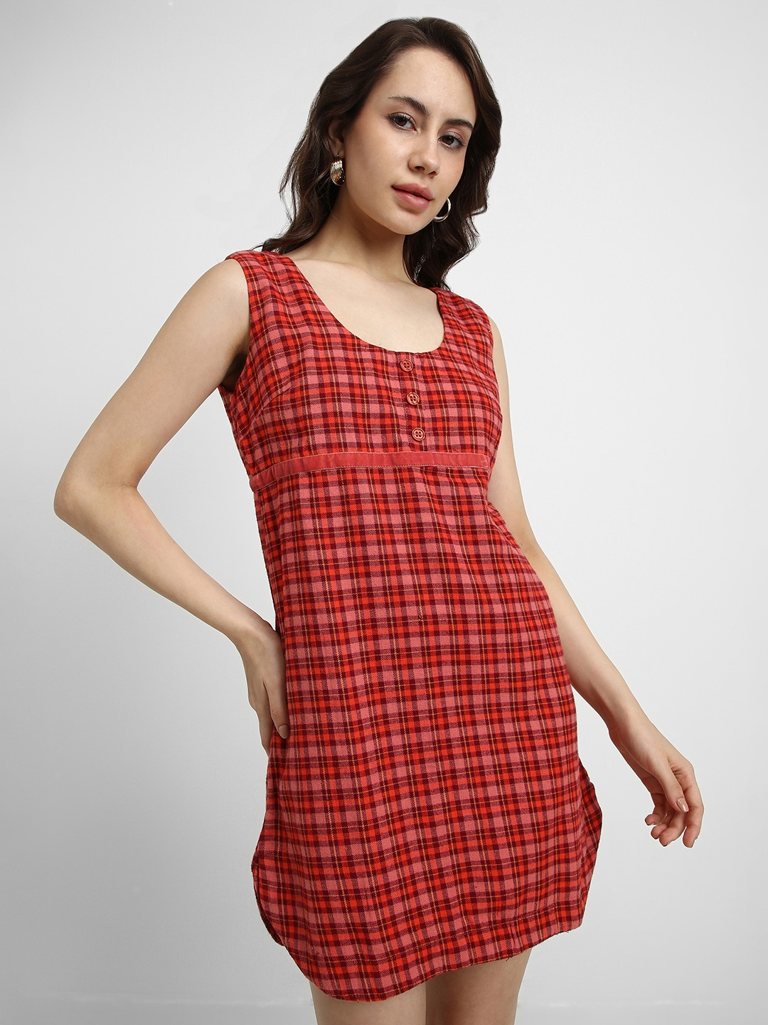 

FOREVER 21 Multicoloured Checked A-Line Mini Dress, Maroon