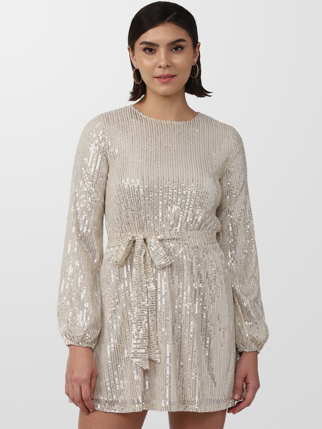 

FOREVER 21 Puff Sleeves Fit and Flare Round Neck Dress, Cream