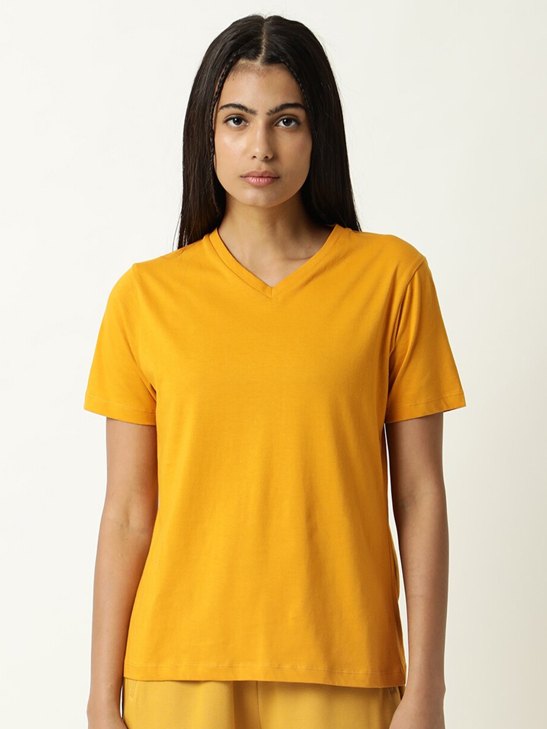 ARTICALE Women Mustard Yellow Solid V-Neck Slim Fit Cotton T-shirt