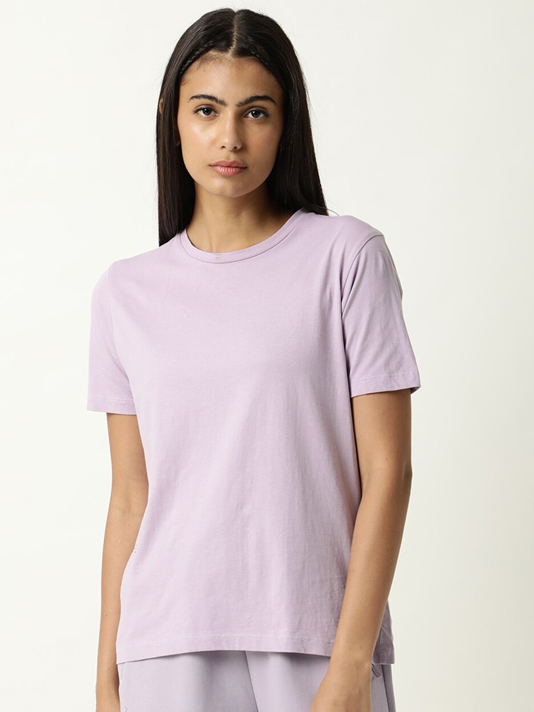 ARTICALE Women Lavender Solid Slim Fit Cotton T-shirt