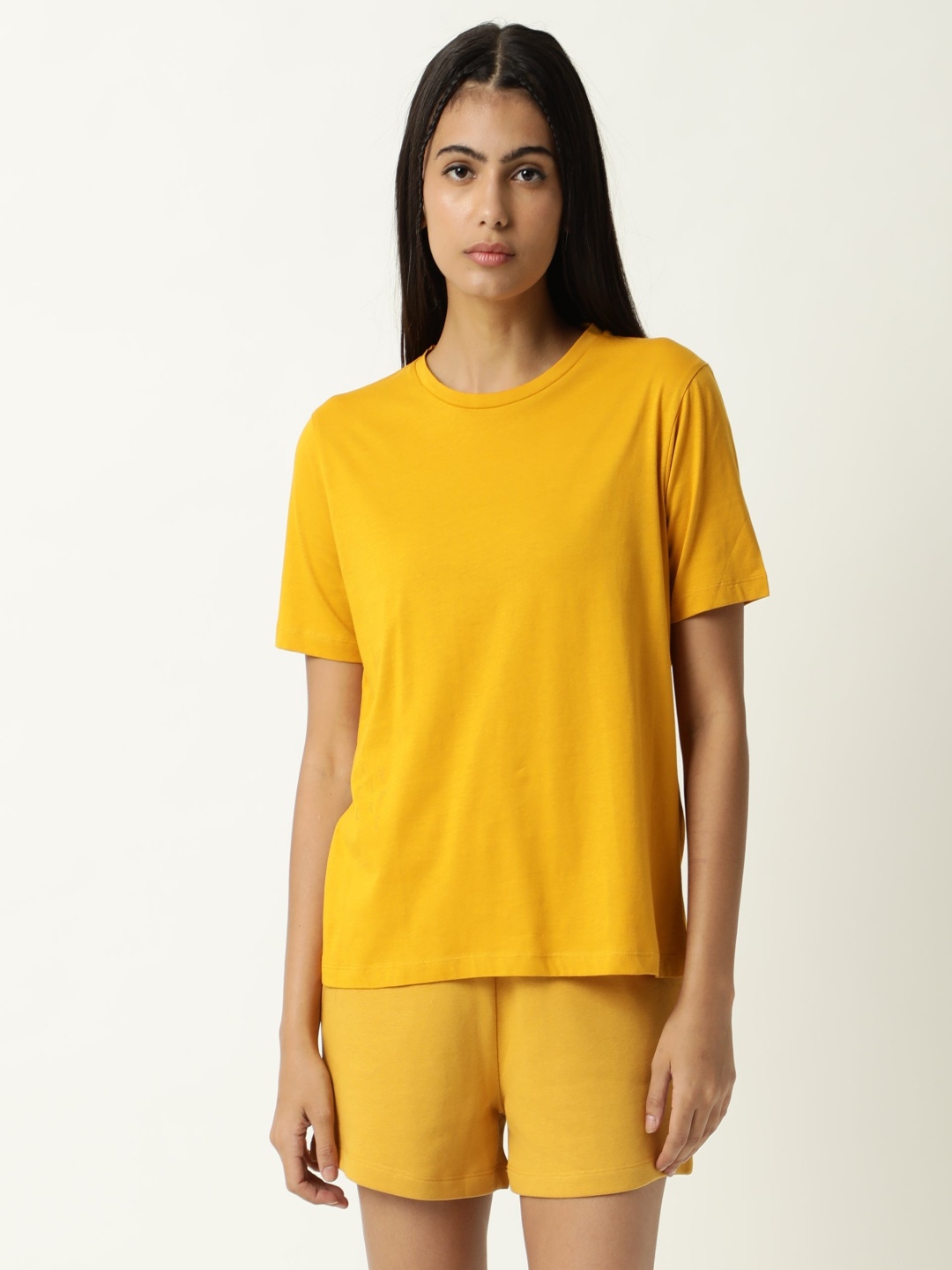 

ARTICALE Women Mustard Yellow Drop-Shoulder Sleeves Slim Fit T-shirt