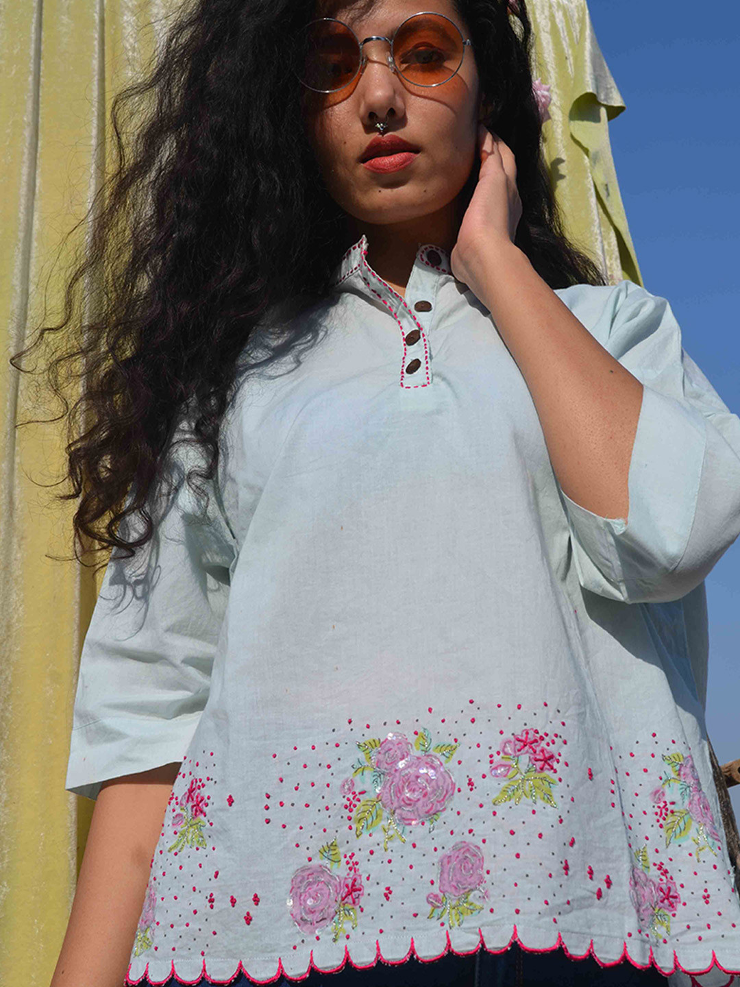 

STUDIO MALANG Women Blue Floral Shirt Style Cotton Top