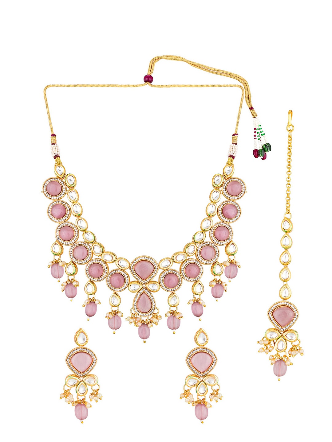 

aadita Gold-Plated Pink & White AD Studded & Beaded Jewellery Set