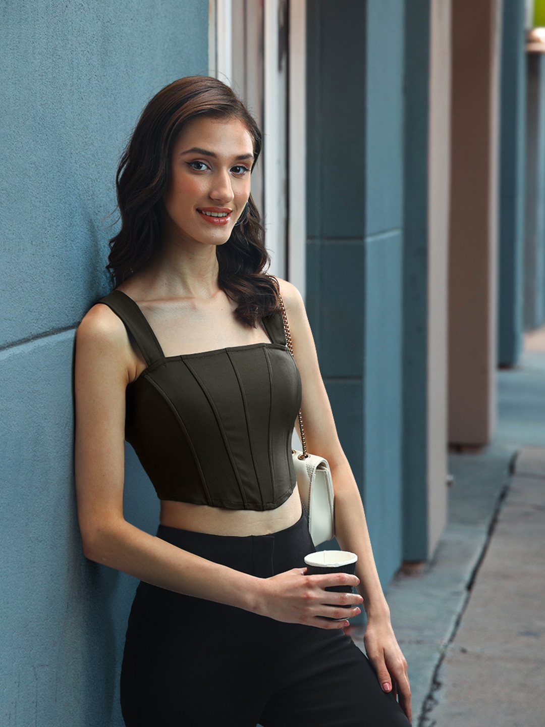 

FOREVER 21 Green Solid Smocked Fitted Crop Top