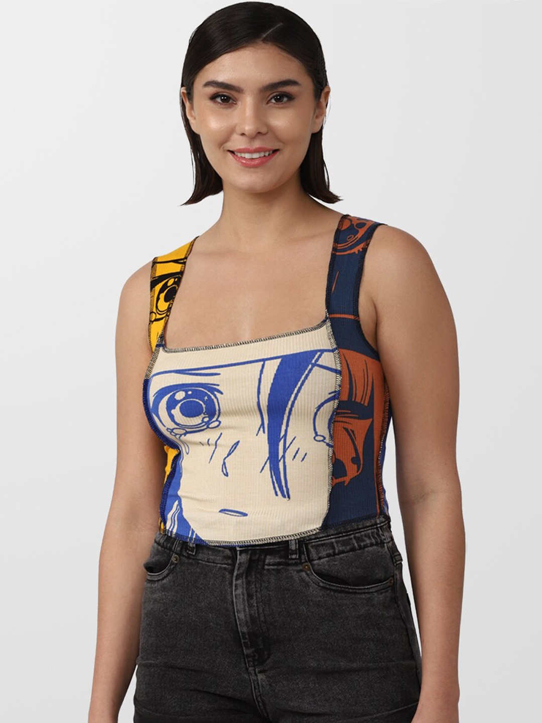 FOREVER 21 Sleeveless Printed Top, Beige