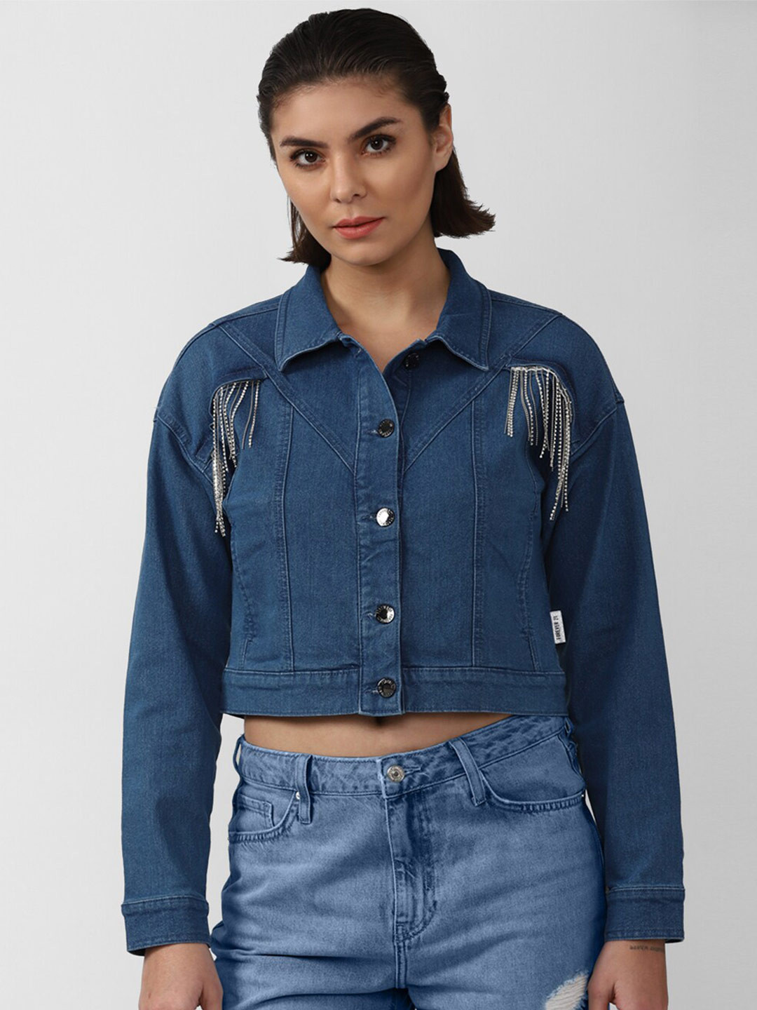 

FOREVER 21 Women Blue Crop Denim Jacket