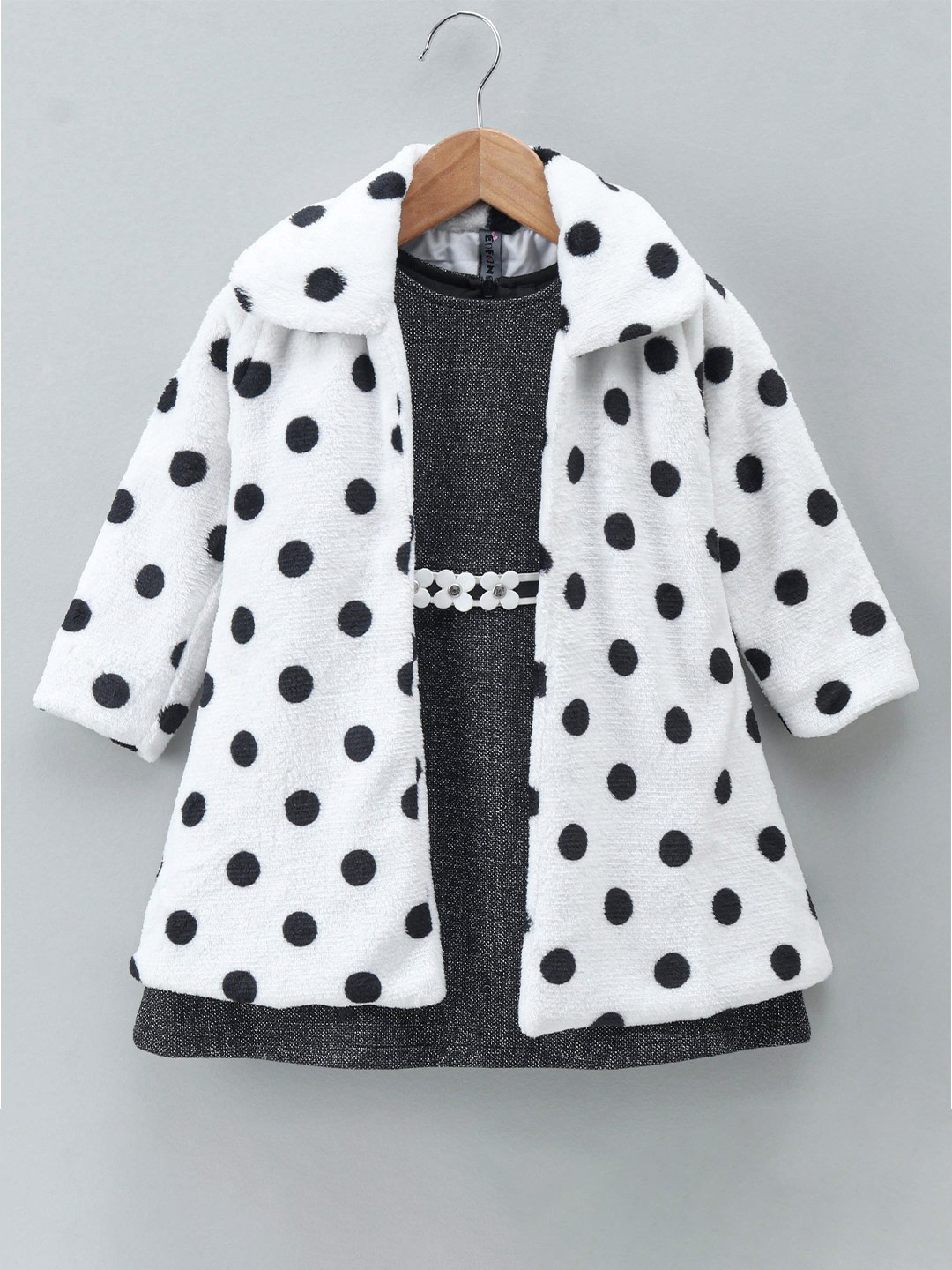 

Enfance Girls Grey Melange & White Belted Solid A-Line Dress With Jacket