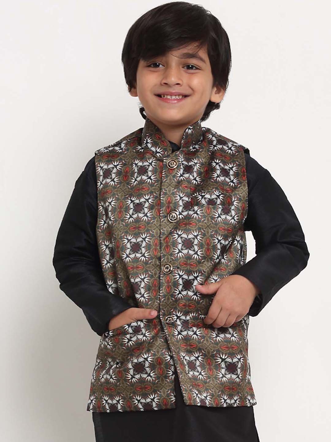 

Benstoke Boys Olive Green Printed Nehru Jacket
