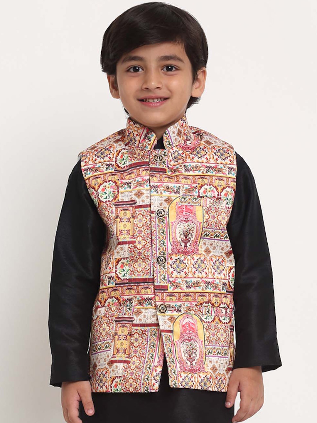 

Benstoke Boys Pink & Yellow Woven Printed Nehru Jacket