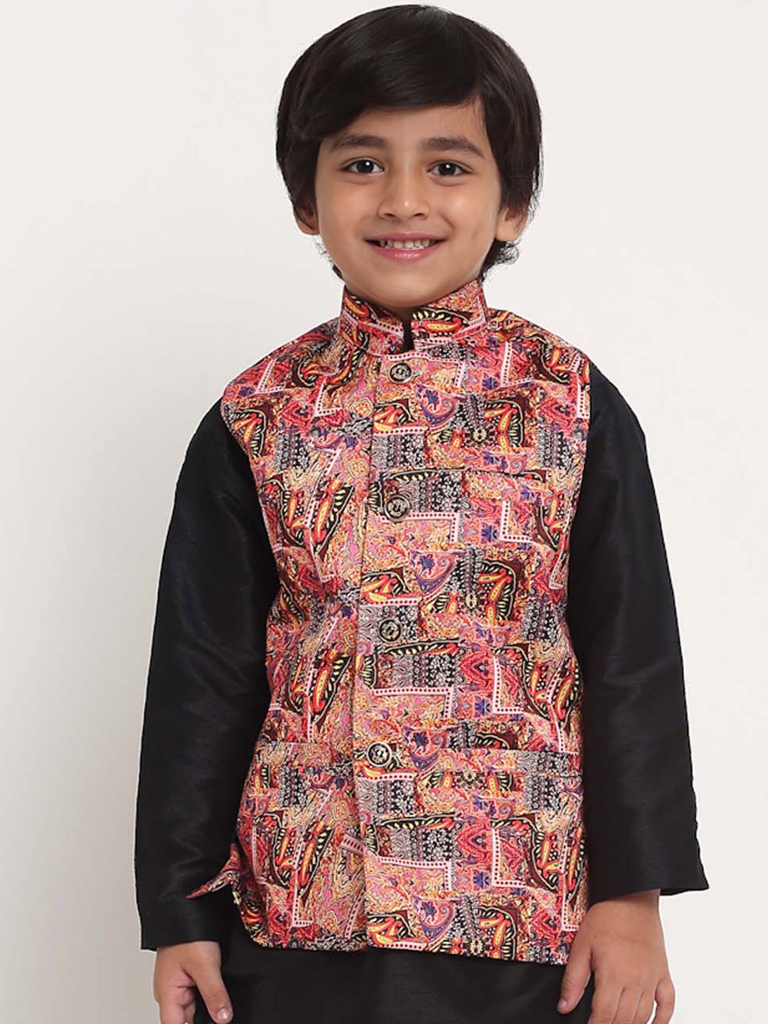 

Benstoke Boys Pink & Blue Woven Printed Nehru Jacket