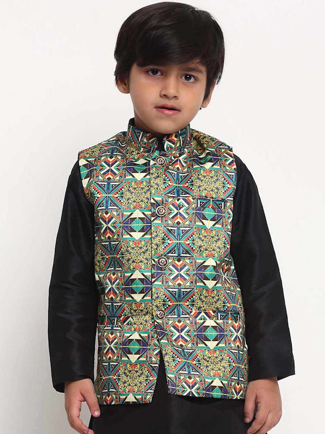 

Benstoke Boys Green Woven Design Nehru Jackets