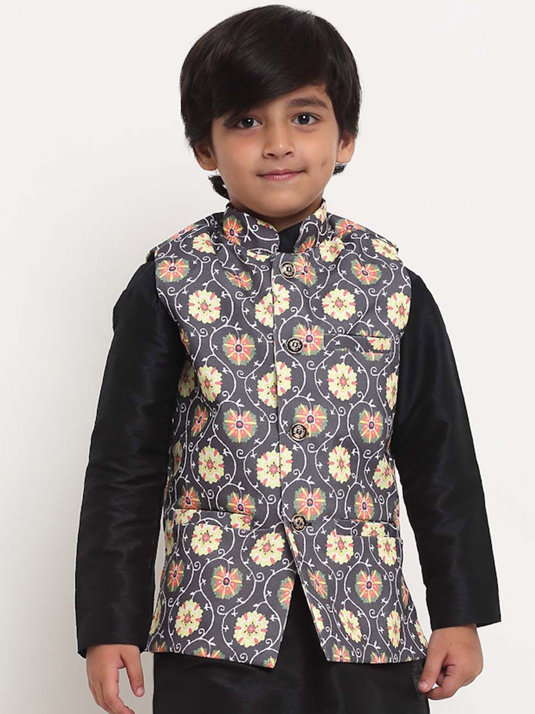 

Benstoke Boys Black & Yellow Printed Nehru Jacket