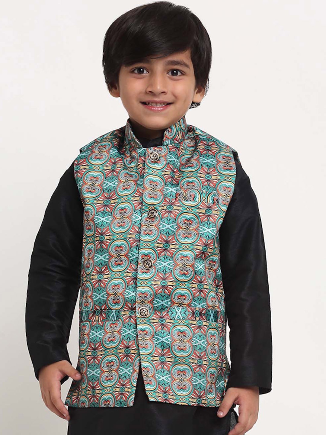 

Benstoke Boys Teal Green & Orange Printed Nehru Jacket