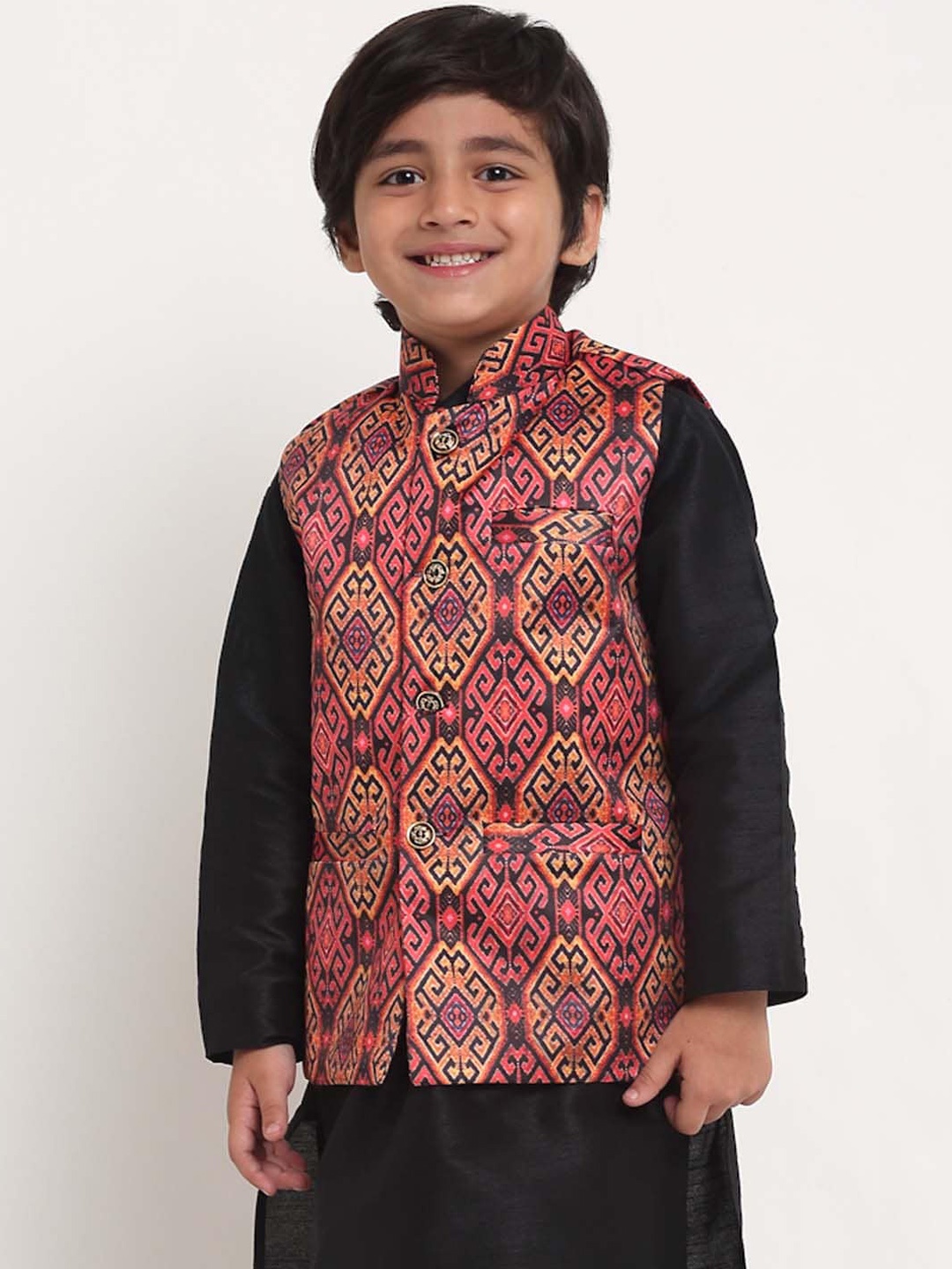 

Benstoke Boys Maroon & Pink Printed Nehru Jacket