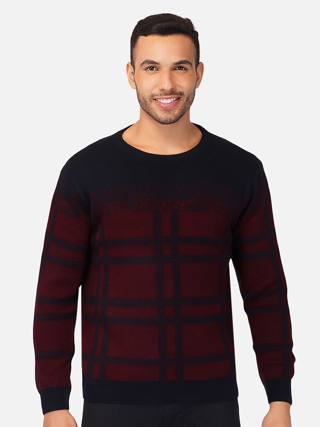 JoE Hazel Men Navy Blue & Red Checked Checked Pullover