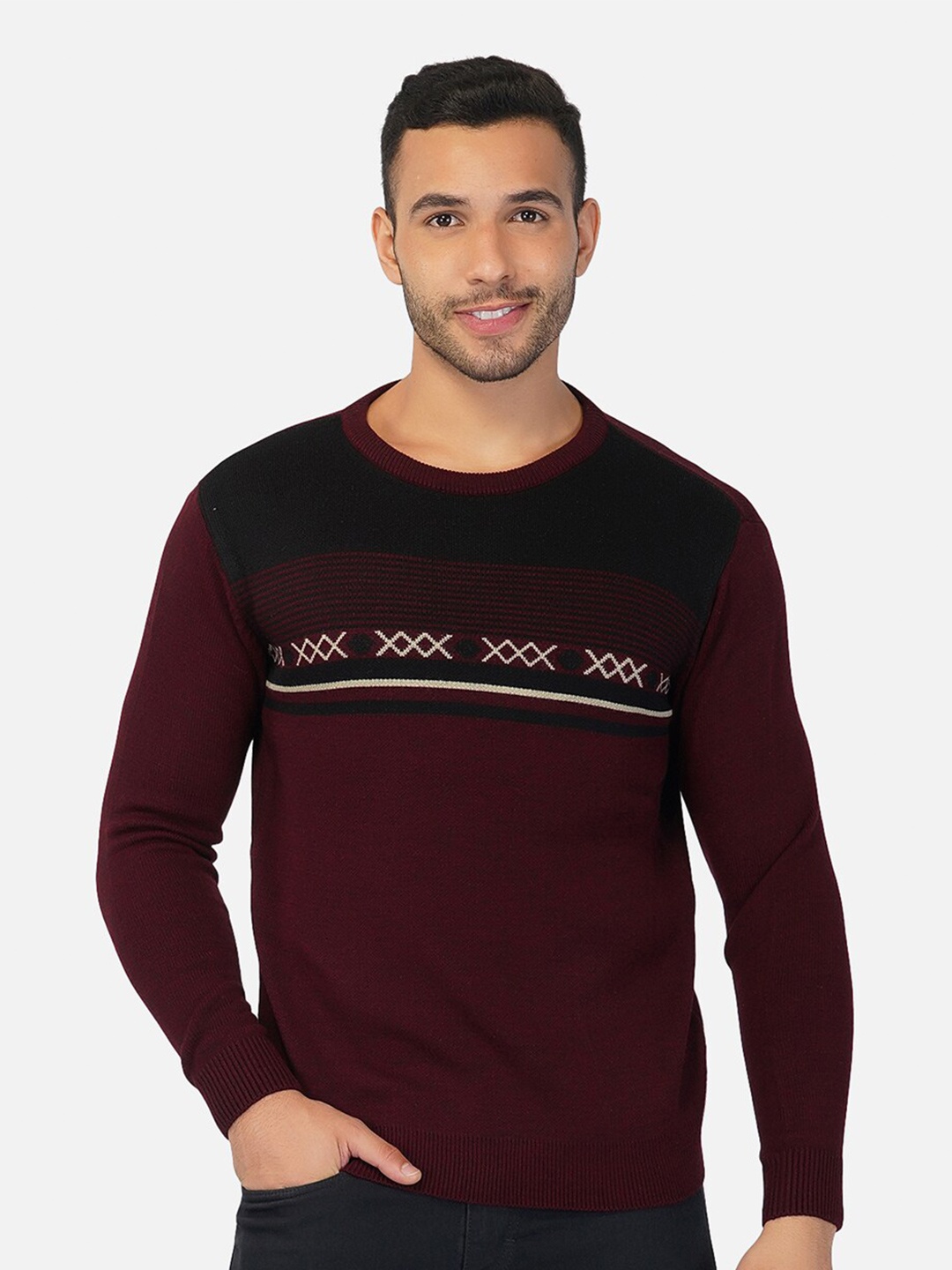 

JoE Hazel Men Burgundy & Off White Printed Pullover
