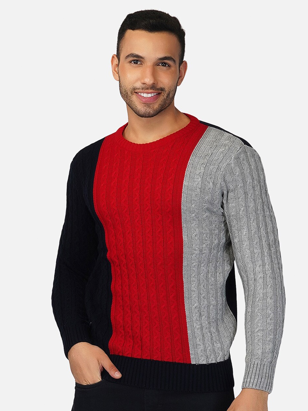 JoE Hazel Men Navy Blue & Red Colourblocked Pullover