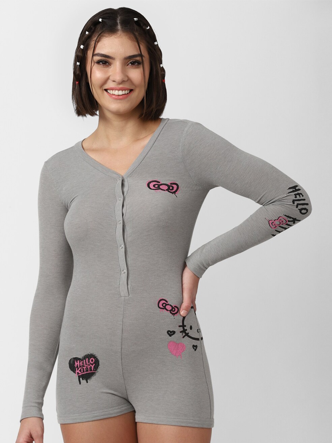 

FOREVER 21 Women Grey & Pink Printed V-Neck Long Sleeves Playsuit