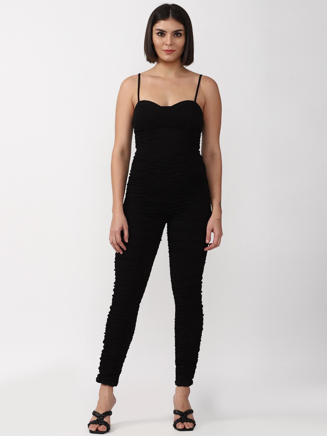 FOREVER 21 Women Black Solid Cotton Basic Jumpsuit