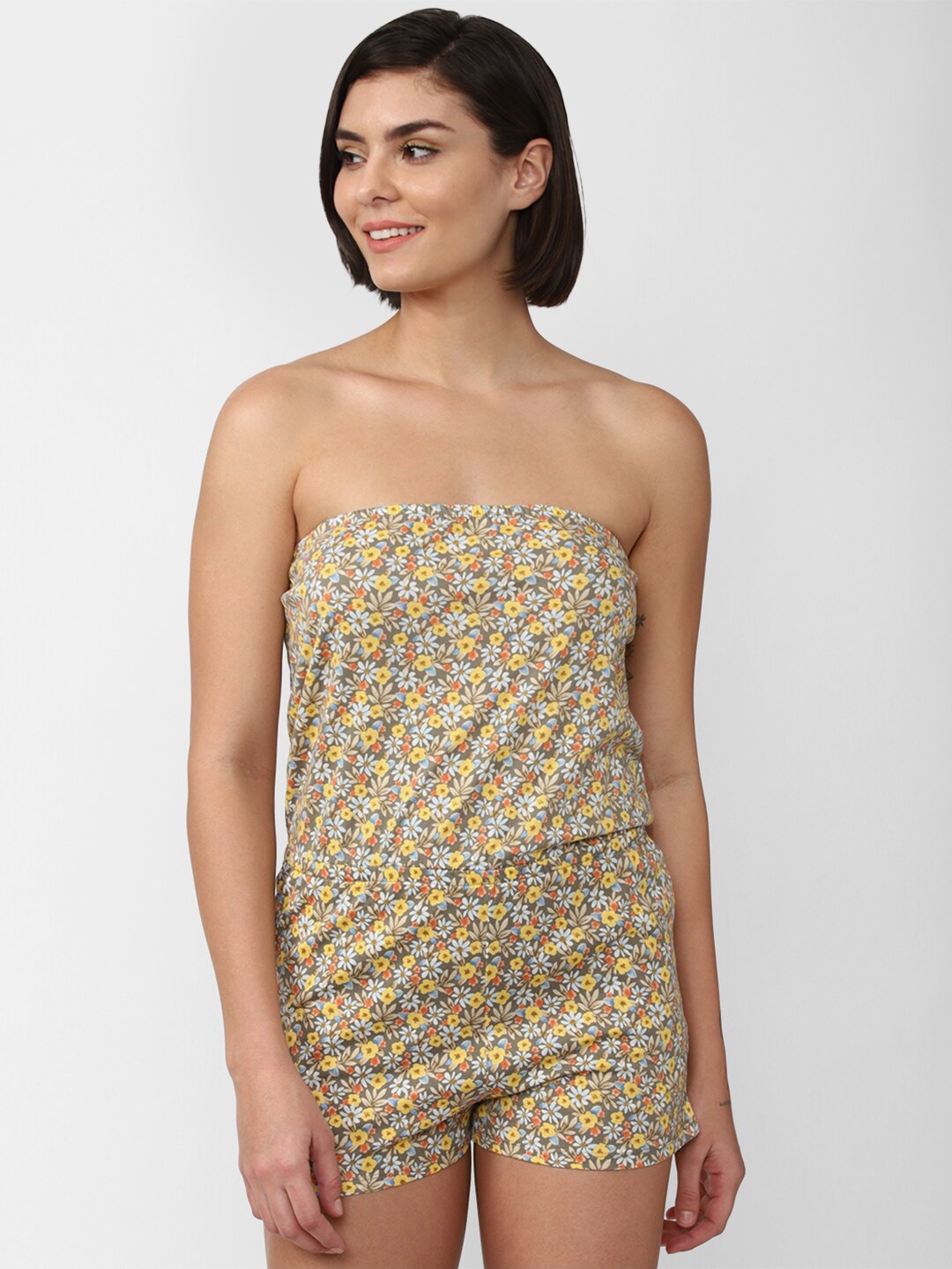 

FOREVER 21 Women Olive Green & Yellow Floral Printed Cotton Off-Shoulder Playsuit